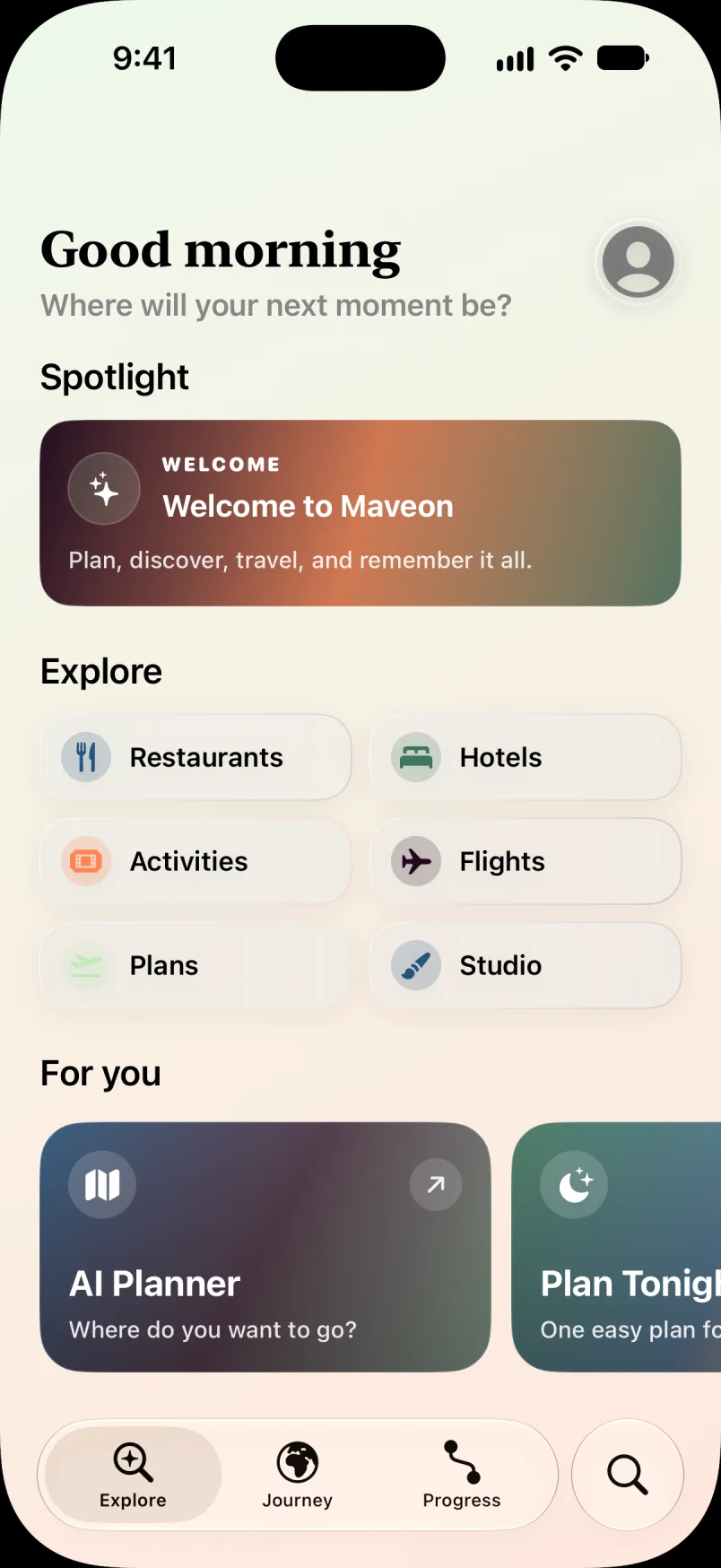 The Maveon home screen