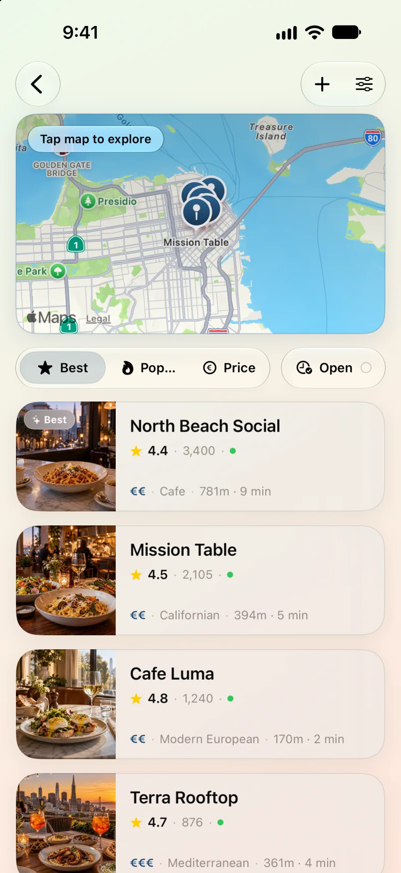 Restaurants on a map in Maveon
